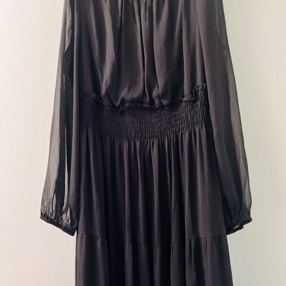 Taylor14 Chiffon Midi Black Fit & Flair Long Sleeve Elastic Waist Dress - Picture 11 of 16